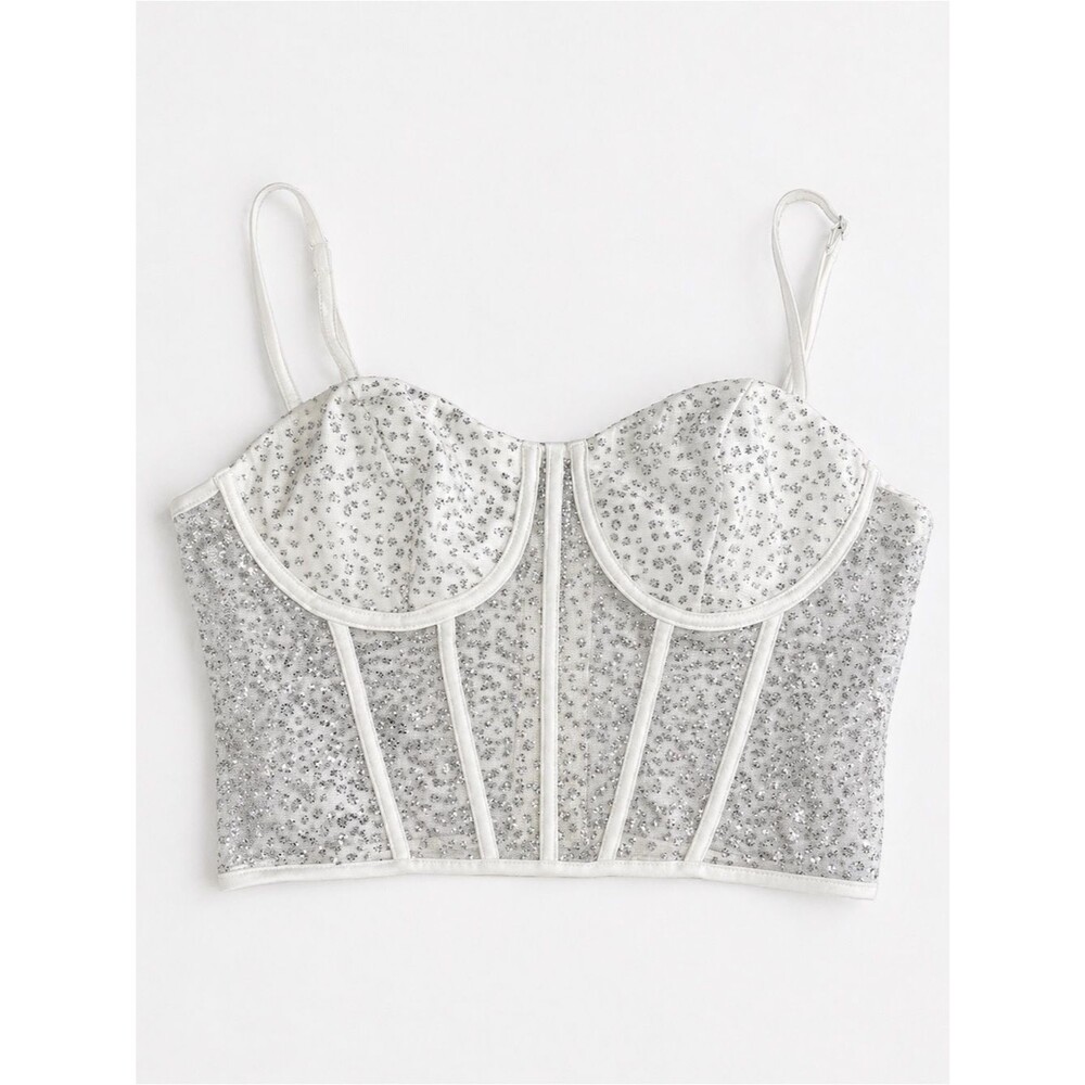 White Fox corset top, size medium, white sparkles